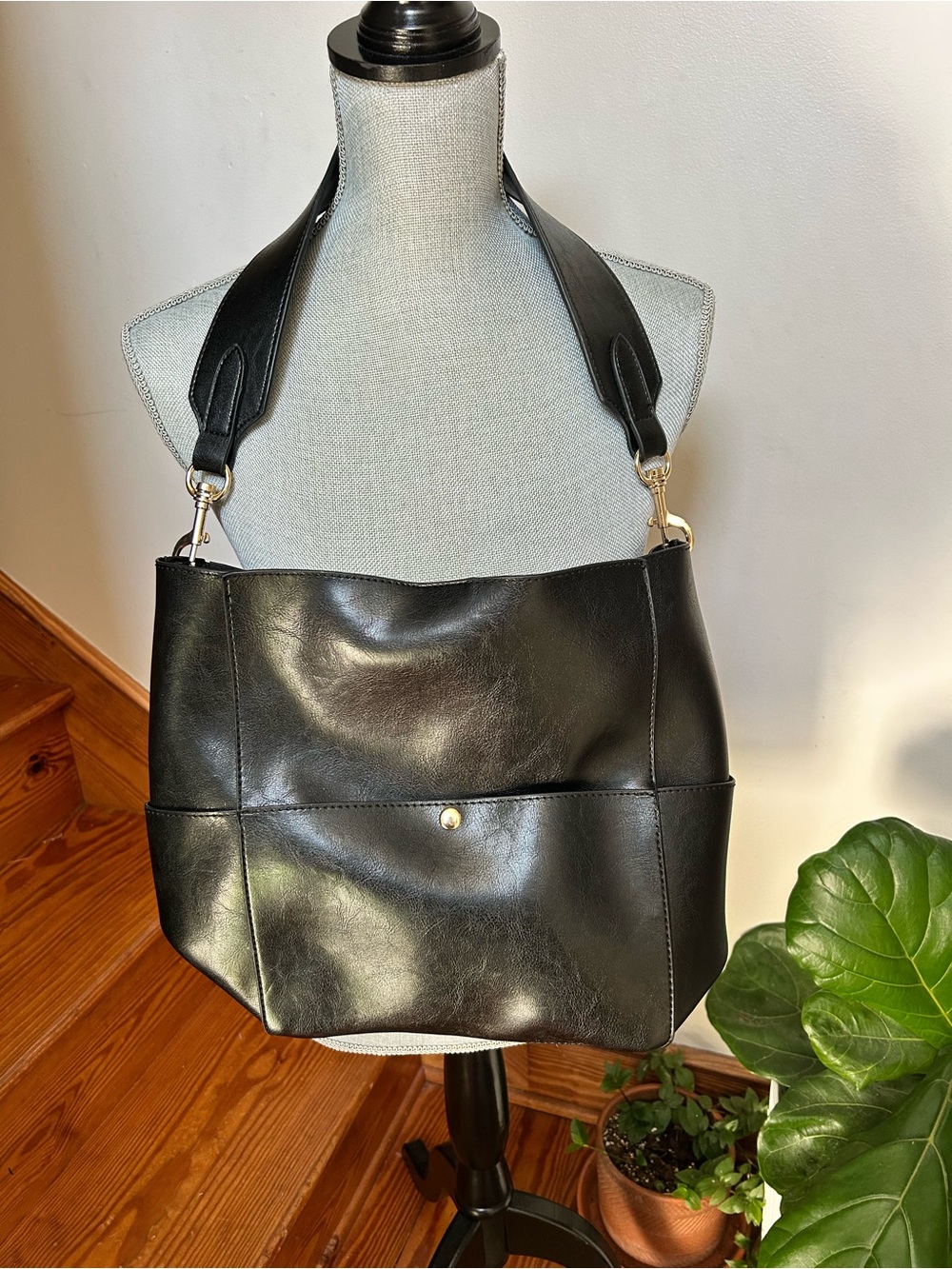 Black Faux Leather Shoulder Bag with Wide Strap